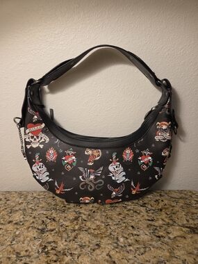Ed Hardy Black Tattoo Motif Shoulder Bag with Red & White Accents